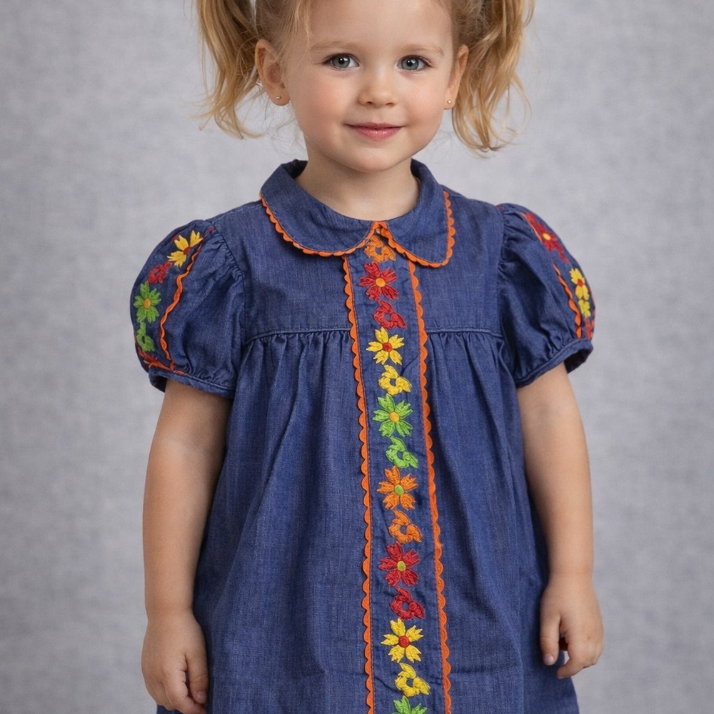 Vintage Peaches And Cream‎ Toddler Girls Shirt 3T Embroidered Denim Ric Rac 90's
